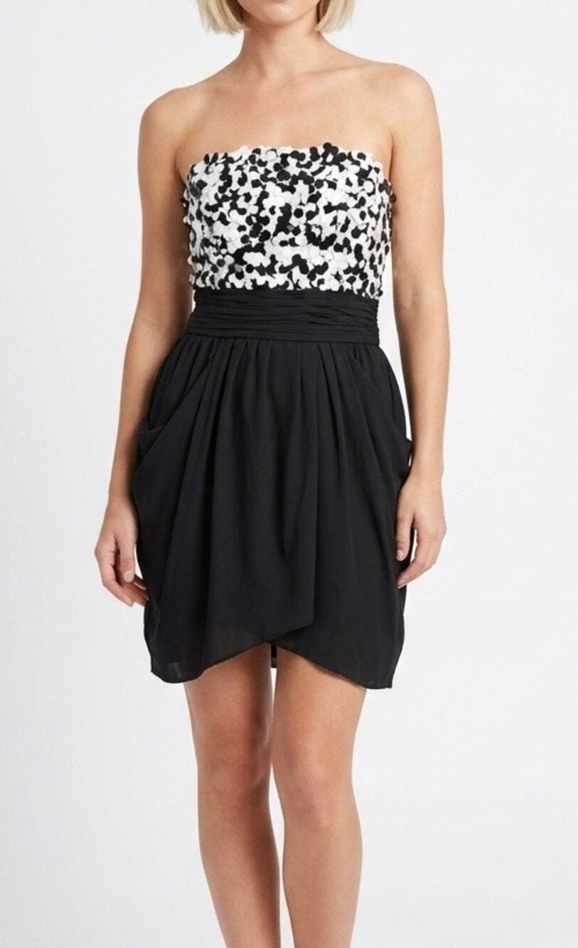 Alice + Olivia Mini Dress Margaret Back & White Sequin Bodice Strapless
